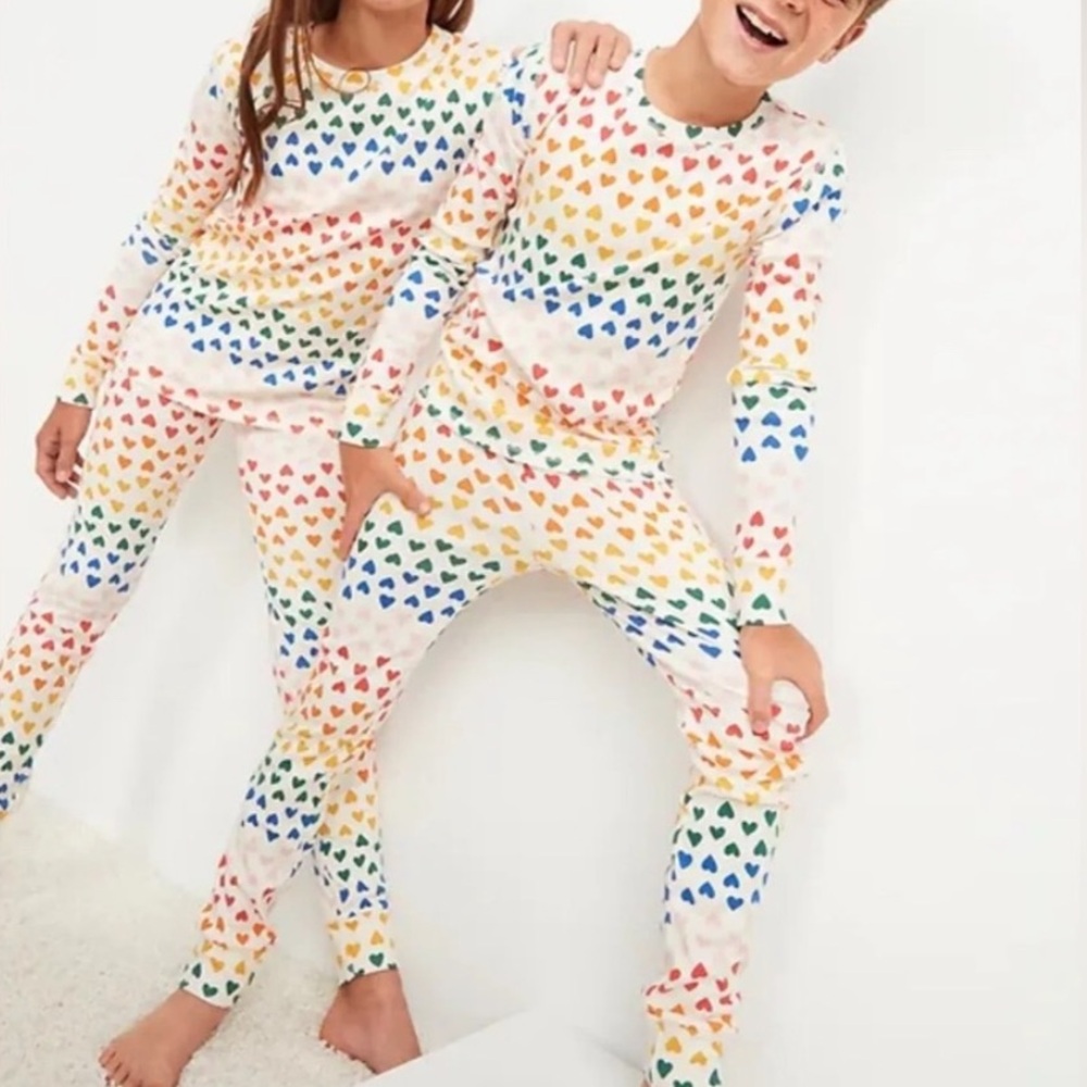 New OLD NAVY Kids Unisex Heart Print Cotton Pajama Set Multicolor Sz L/ 10